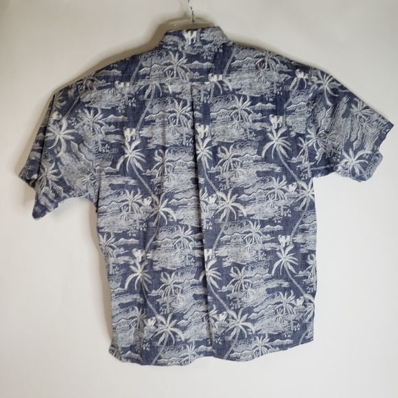 Vintage Big Dogs Reverse Print Hawaiian Shirt Large Cotton Blue White Palms 50" - Picture 2 of 9